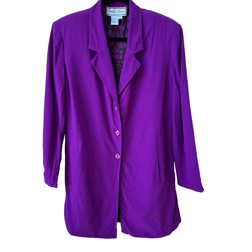 Diane Gilman Vintage 90s Luxury 100% Silk Longline Blazer Jacket Royal Purple S